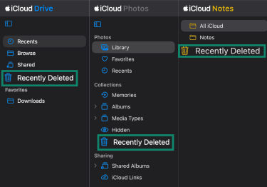 Recently Deleted folders in iCloud Drive, iCloud Photos, and iCloud Notes.