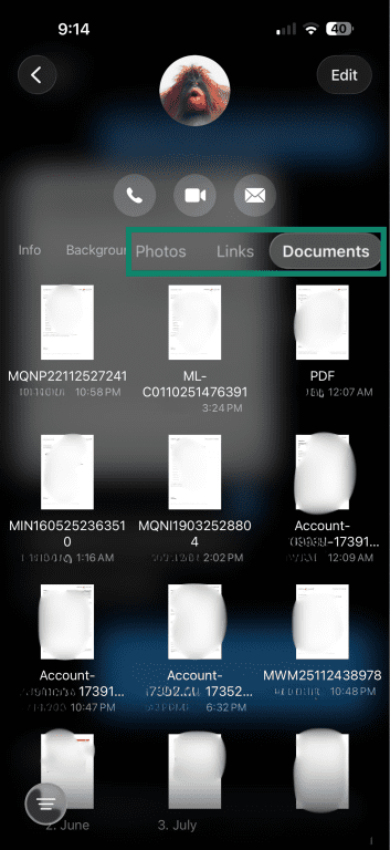 Shared content sections, such as Photos, Links, or Documents, on iPhone's iMessages.