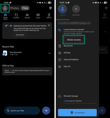 Enabling OneDrive camera backup.