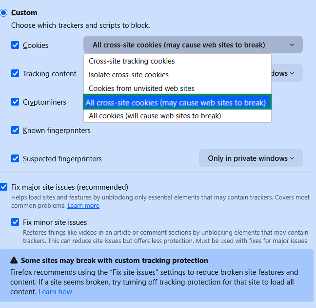 Firefox browser Enhanced Tracking Protection Custom settings showing the Cookies dropdown menu.