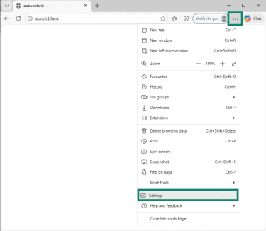 Edge browser window with meatballs menu open and Settings highlighted.