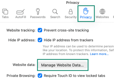 Safari Privacy settings with Manage Website Data highlighted.