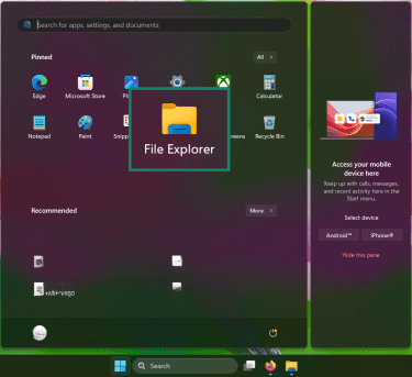 Windows 11 start menu showing how to access the File Explorer app.
