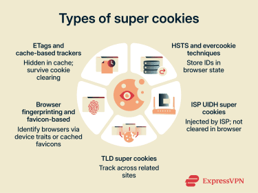 Five types of super cookies used for persistent online tracking.