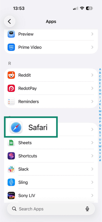 iPhone Apps settings list with Safari highlighted.