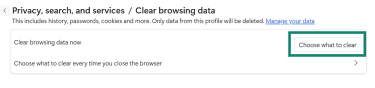 Edge Clear browsing data page highlighting the Choose what to clear button.