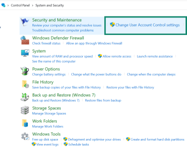 Control Panel System and Security page with Change User Account Control settings highlighted.