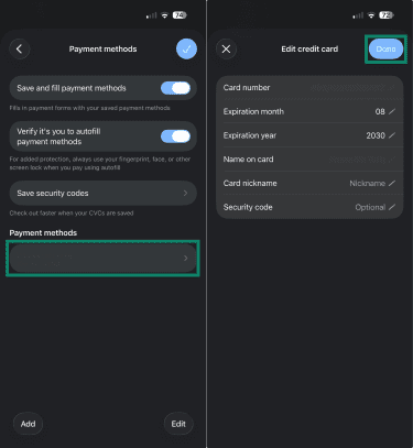 How to edit a saved payment method in Google Chrome's autofill settings on its iOS app.