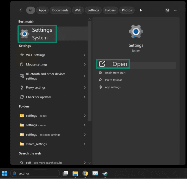 Windows settings searched in the search bar.