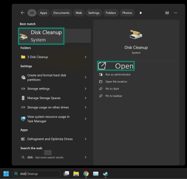 Searching for the Disk Cleanup tool through Windows search bar.