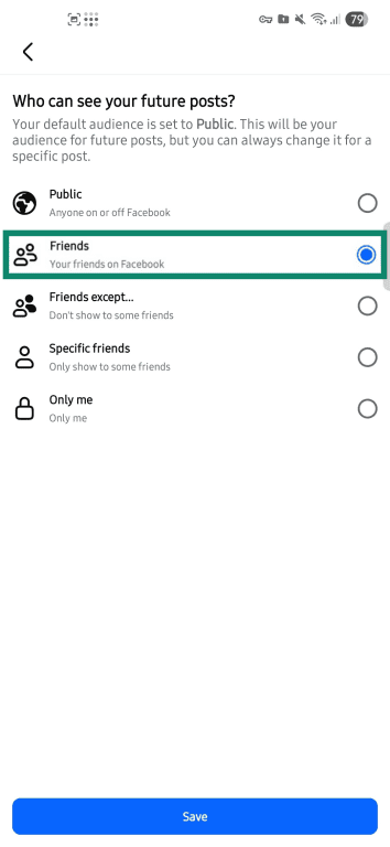 Facebook post privacy options.