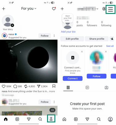 Profile settings on Instagram.