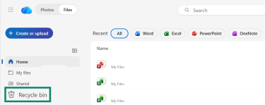 OneDrive interface with Recycle bin highlighted.