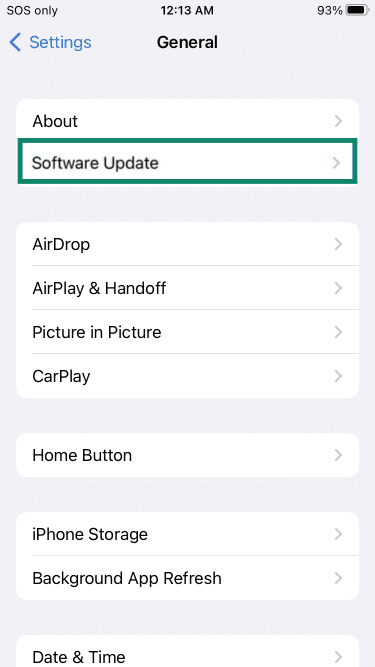 iPhone general menu with Software Update highlighted.