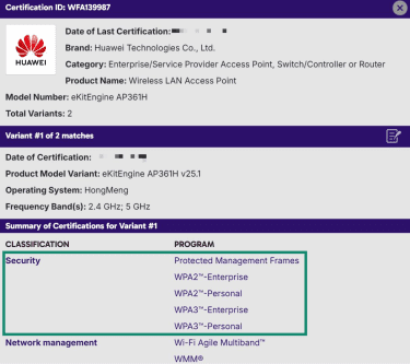 The product details for a device on the Wi-Fi Alliance's Product Finder page. The "Security" section is highlighted.