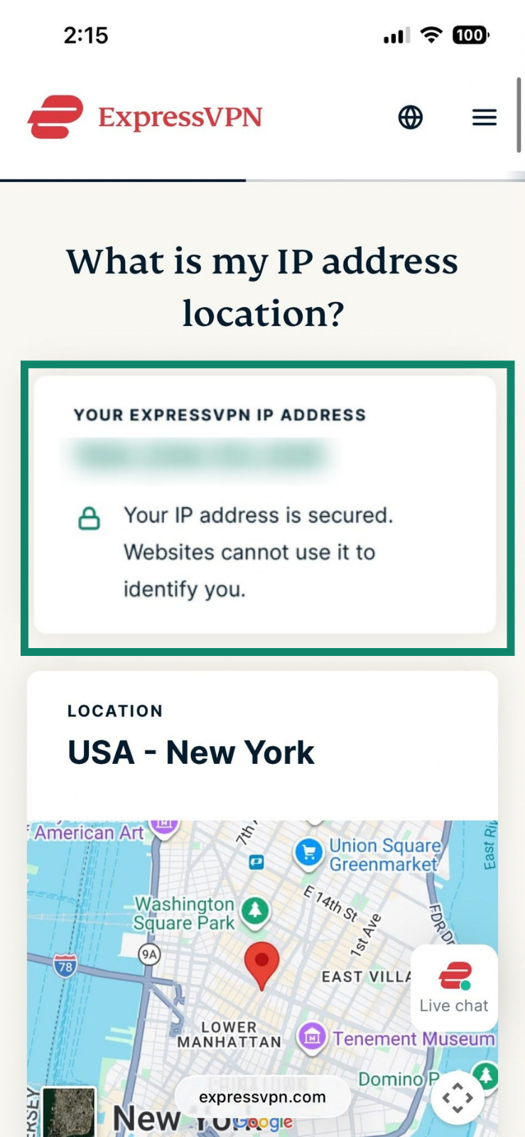 ExpressVPN IP address lookup tool after connection to a VPN server