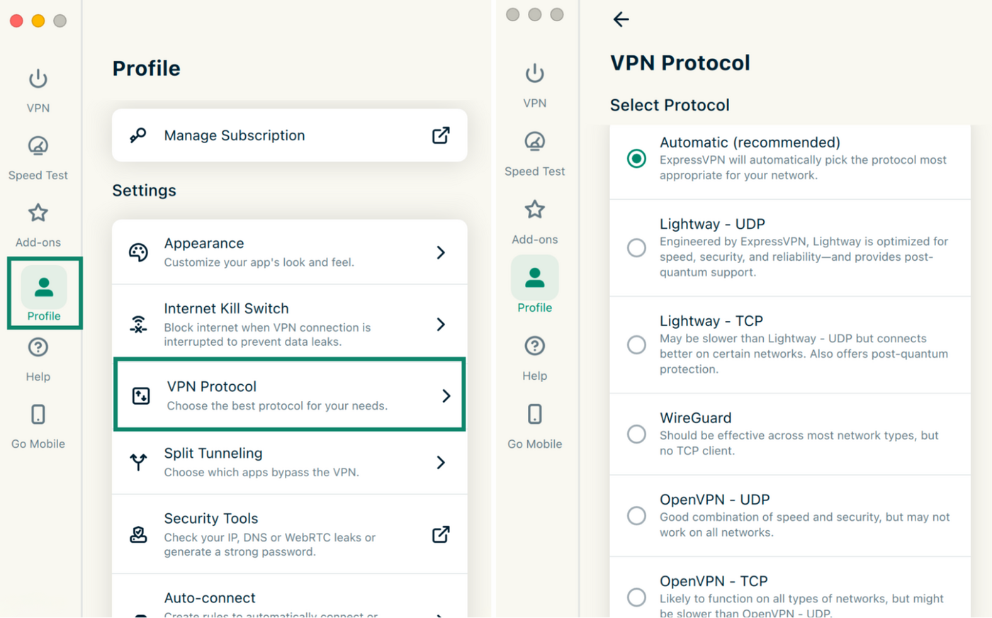 ExpressVPN’s VPN Protocol settings accessed through Profile, with Automatic selected.