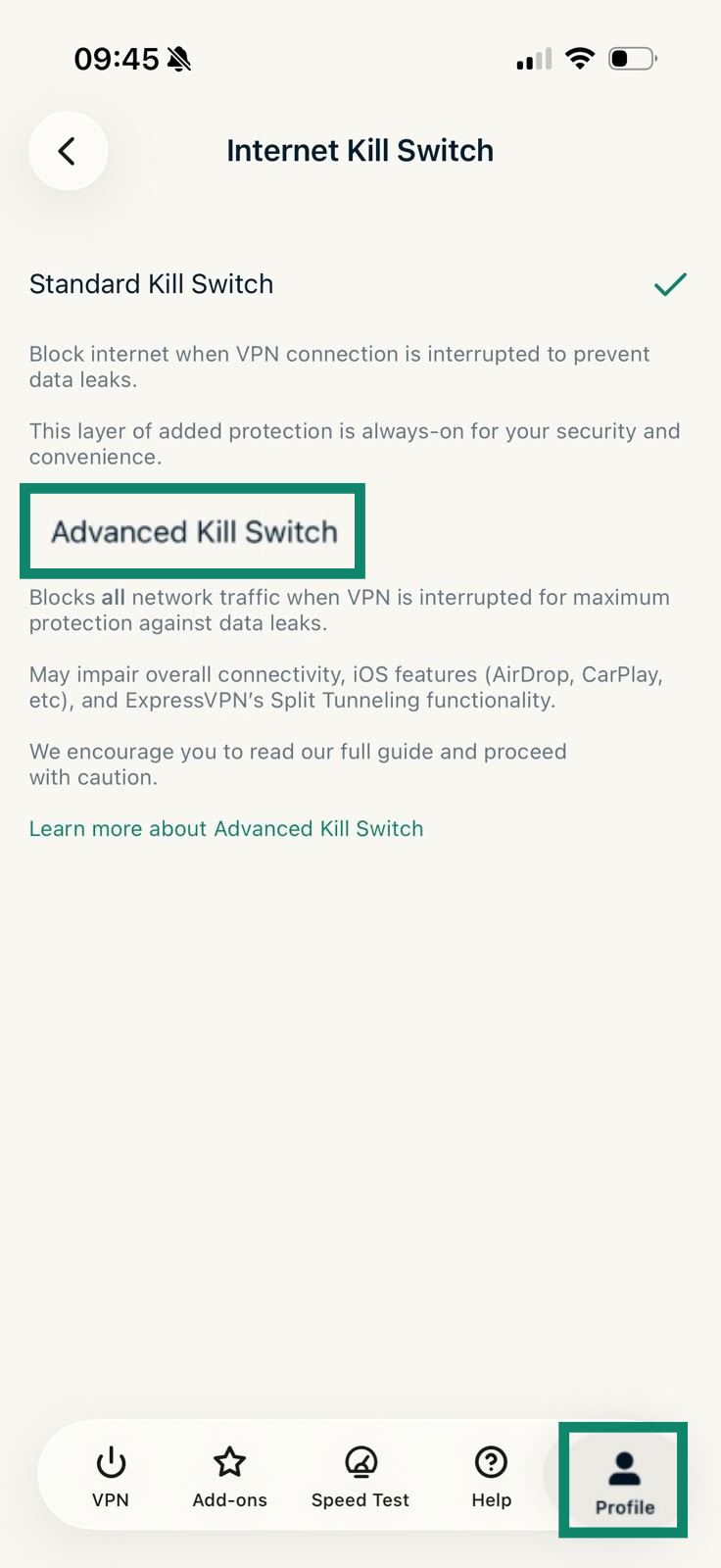 Turning on the Advanced Internet Kill Switch on the ExpressVPN iOS app.
