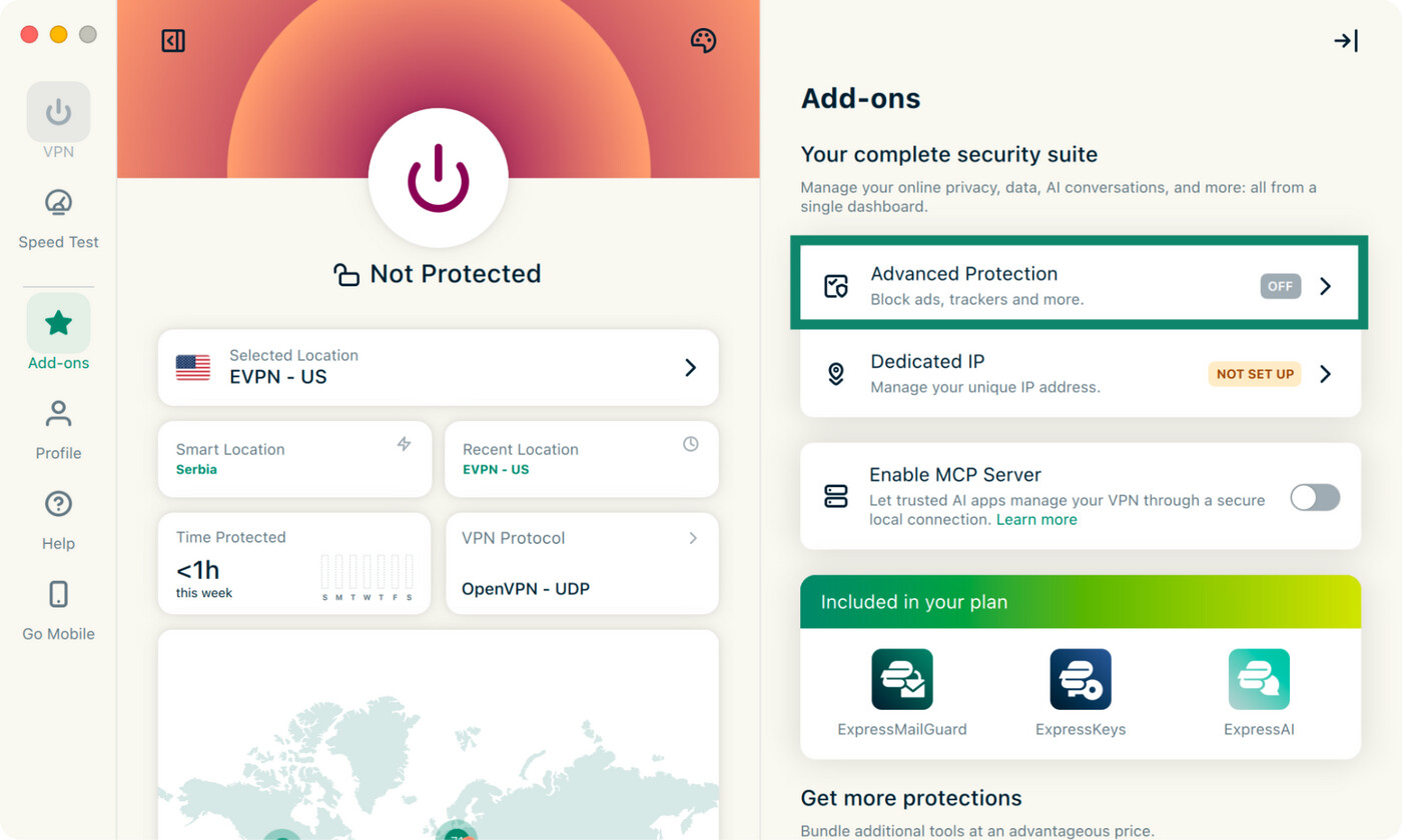 ExpressVPN’s Add-ons screen with Advanced Protection highlighted.