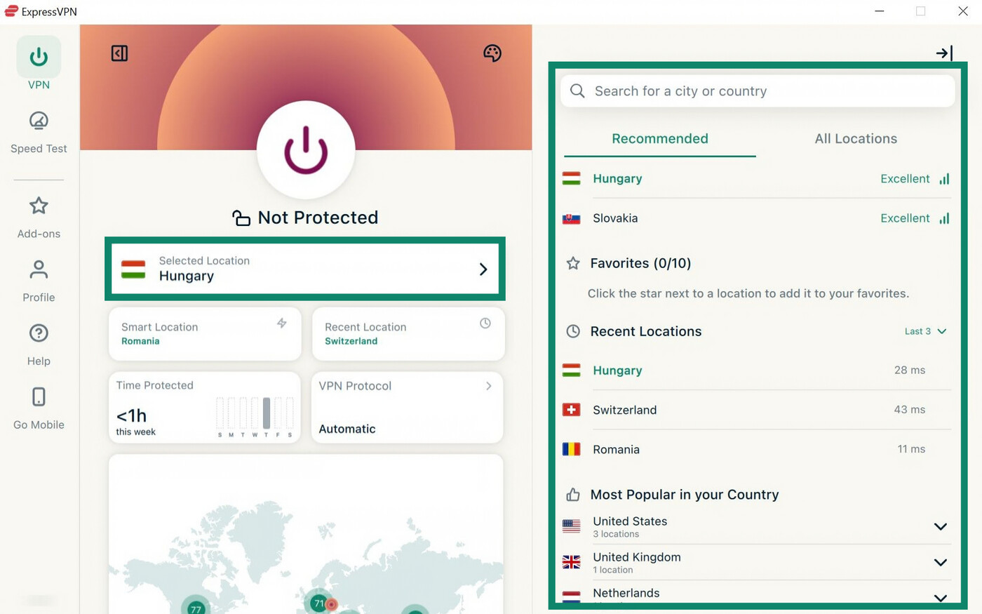 ExpressVPN Windows app interface, showing the VPN tab. The VPN server location widget and the server tab are highlighted.
