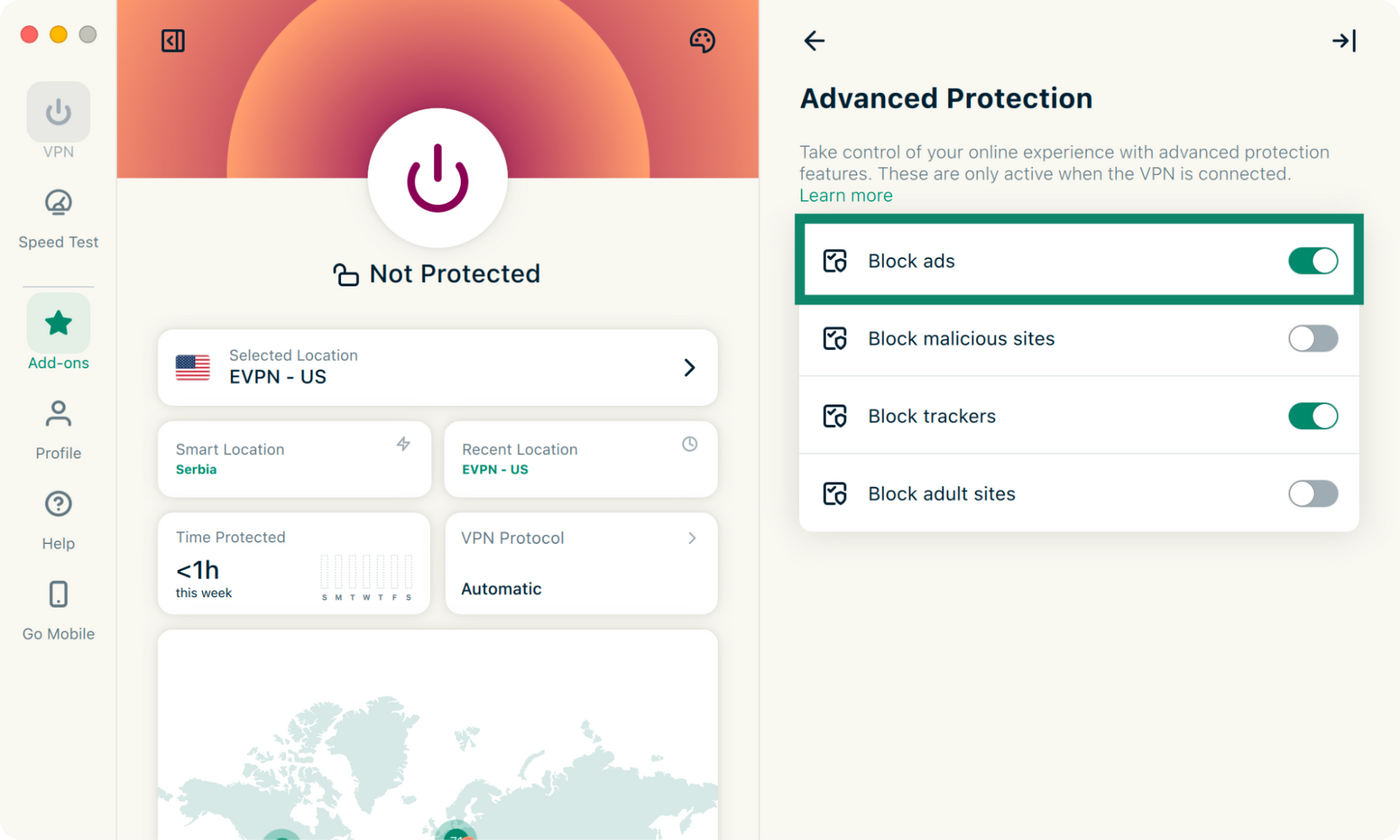ExpressVPN’s Advanced Protection settings with Block trackers and Block ads turned on.