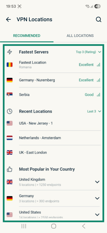 ExpressVPN server selection showing the multiple types of server categories.