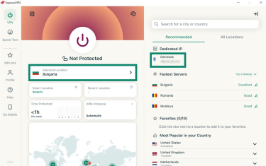 ExpressVPN Windows app interface, showing the VPN tab and VPN server list. The server location widget and a dedicated IP location are highlighted.