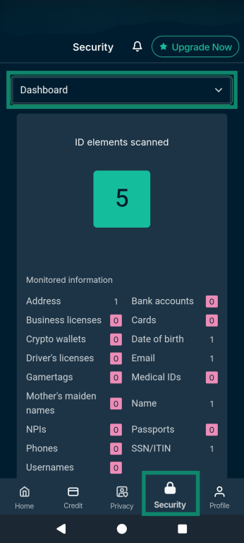 The Identity Defender app, highlighting the Security tab and the Dashboard menu option.